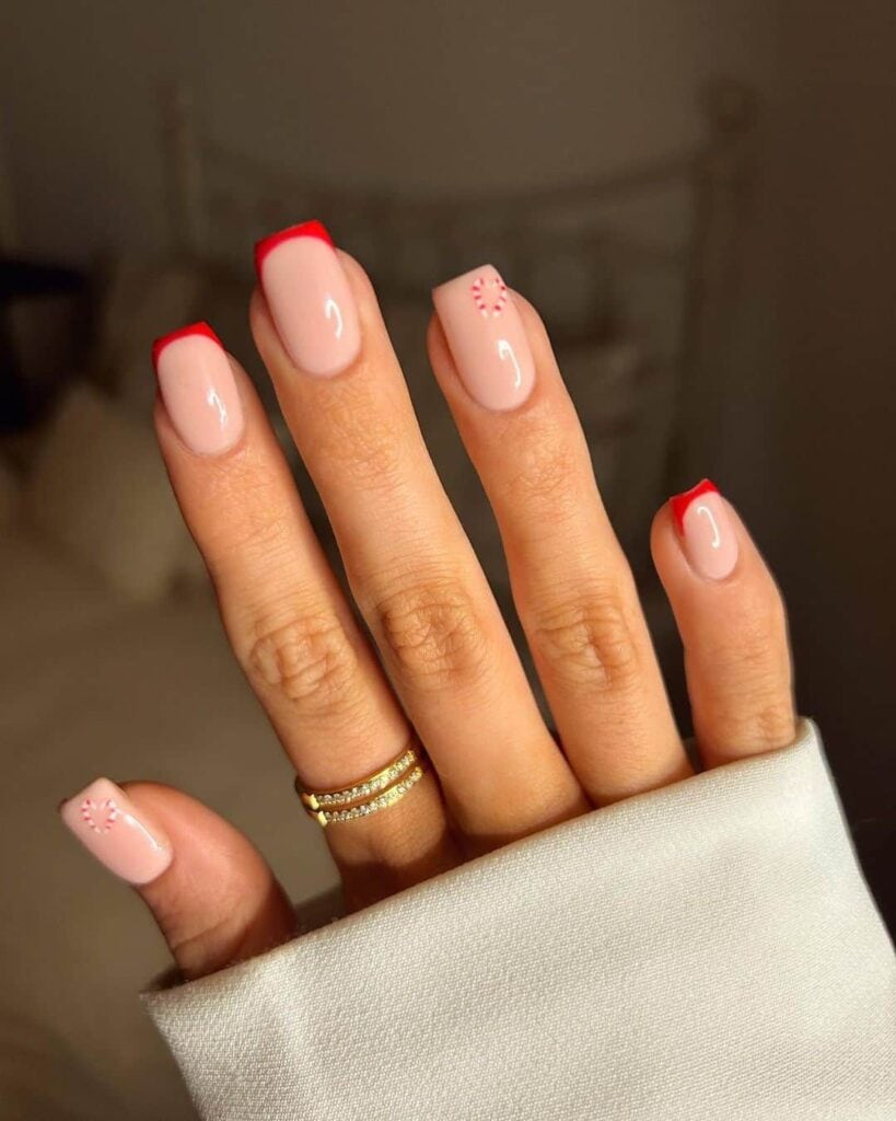 Red French Tips and candy cane heart by @lillypalm__