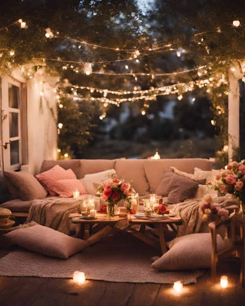 Twinkly lights and candlelit picnic in living room