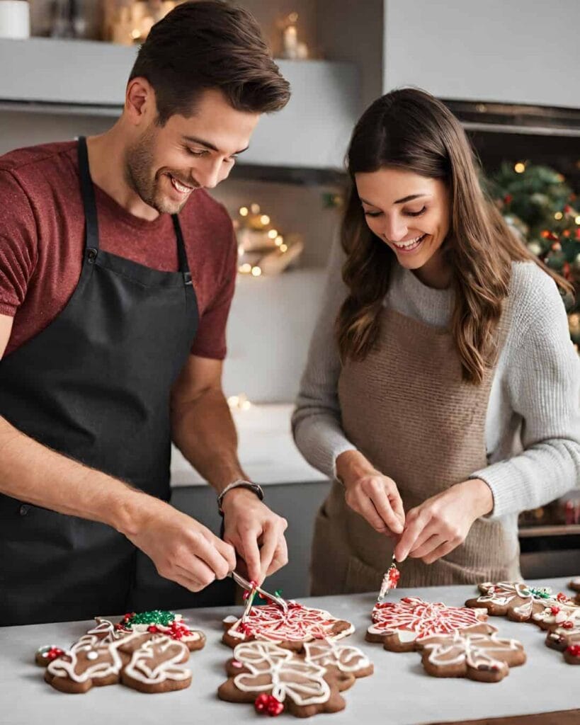 a couple decorating Christmas cookies