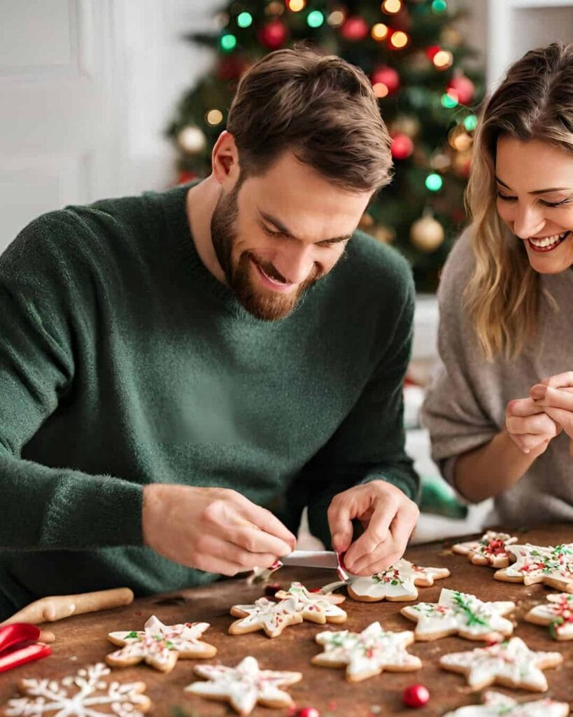 a couple laughing while decorating star shaped Christmas cookies