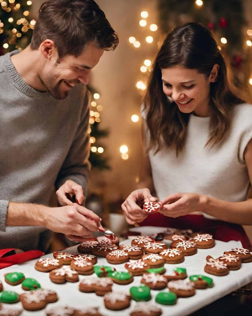 couple decorating Christmas cookies