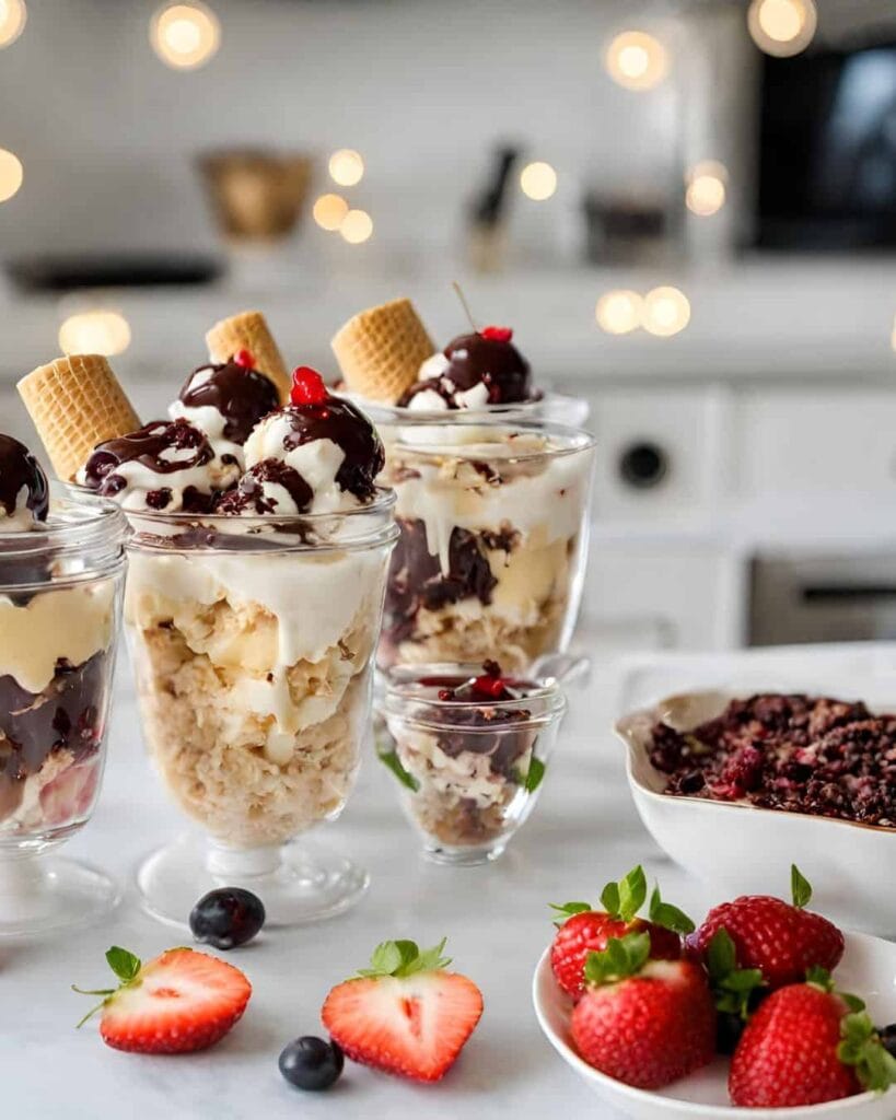 delicious ice cream sundaes with toppings