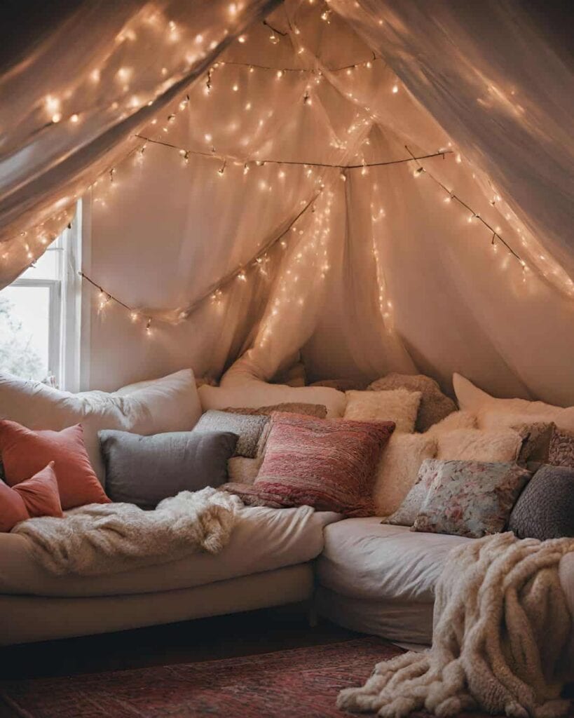 fort with twinkly lights in living room