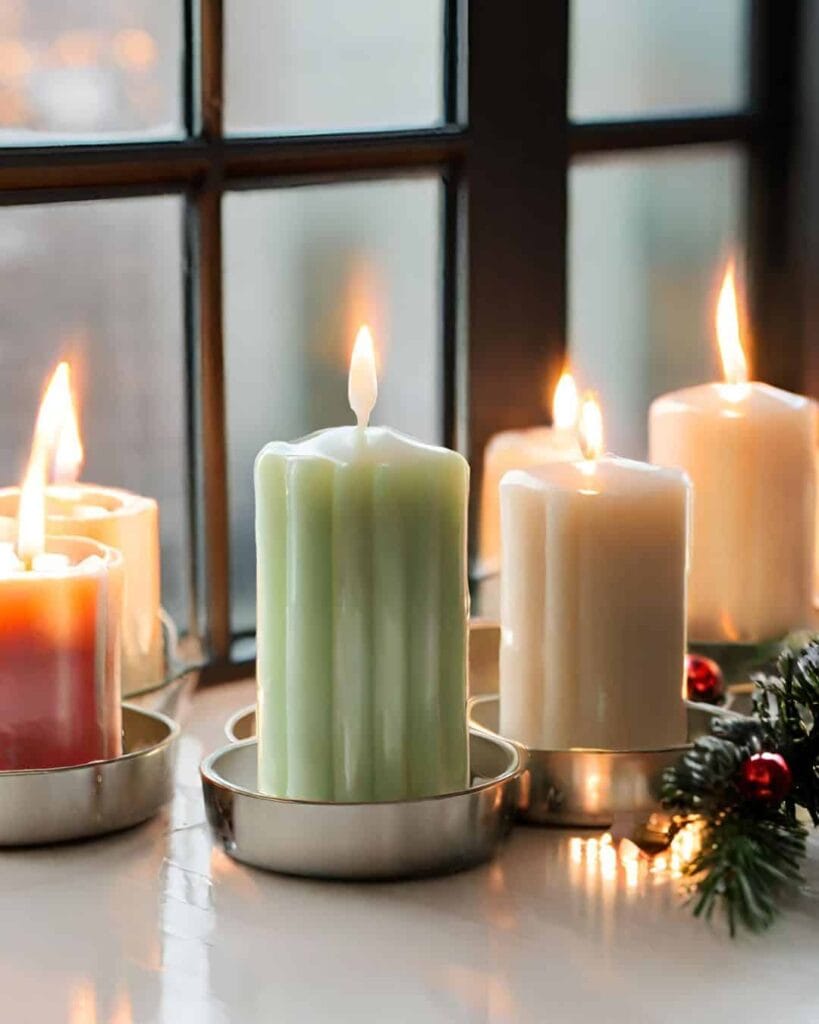 green, red and white candles by the window