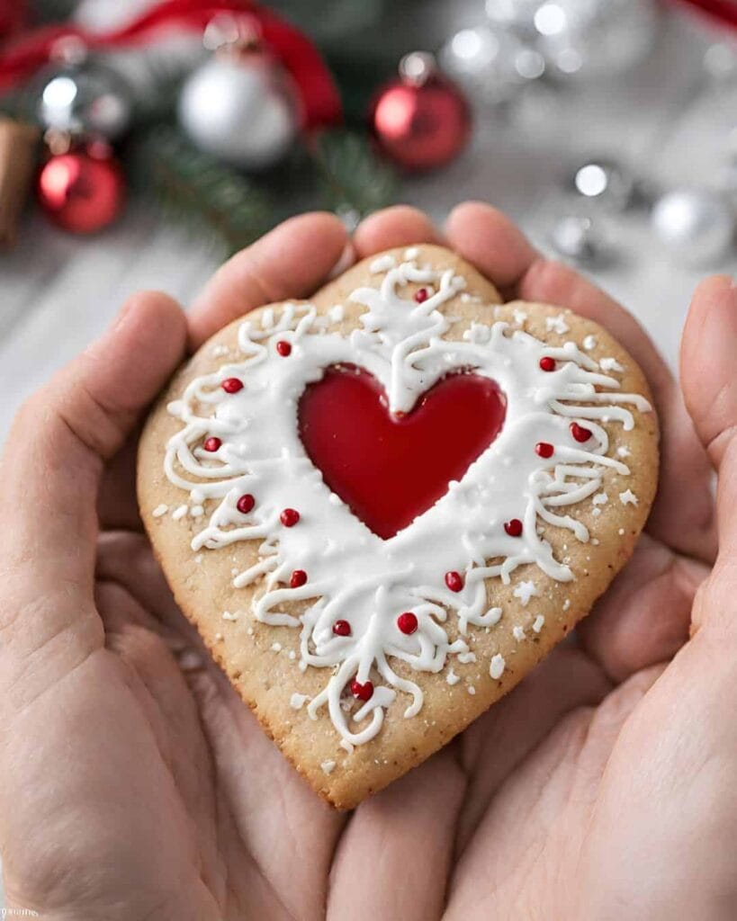 hands holding a heart shaped Christmas cookie