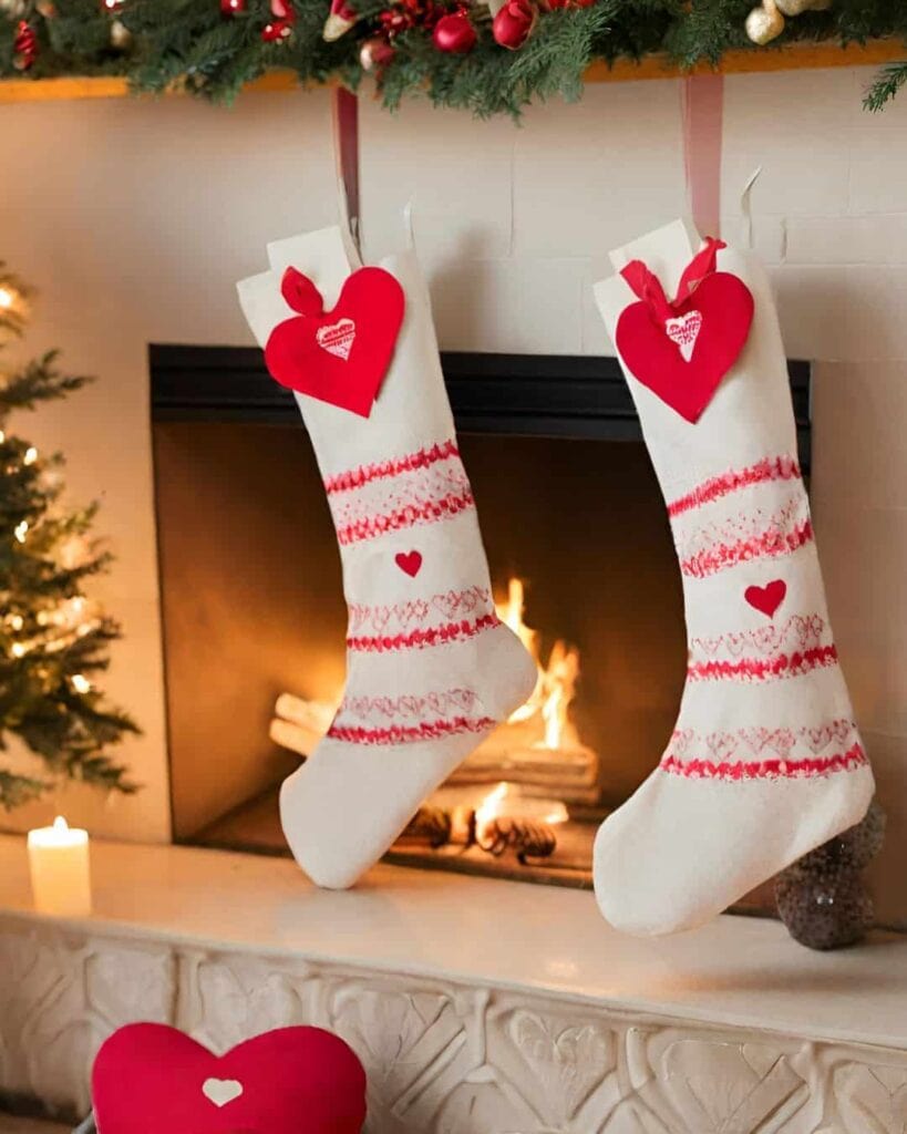 heart covered stockings hanging on the fireplace
