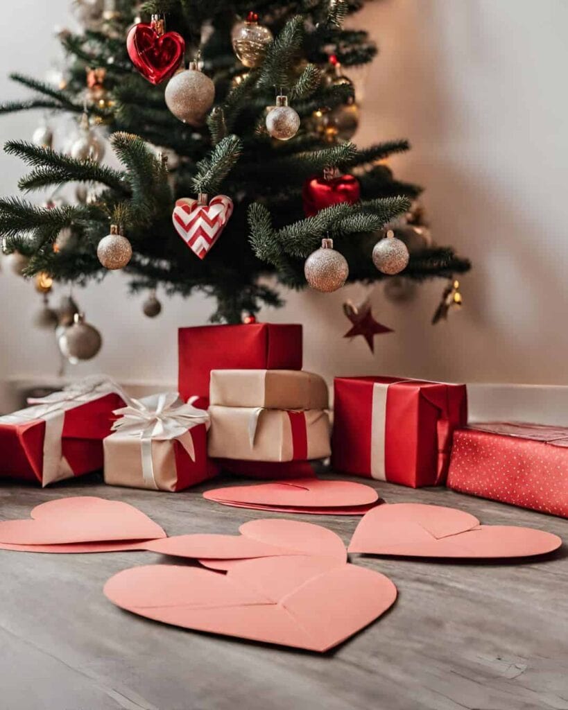 heart shaped letters at the feet of the Christmas tree