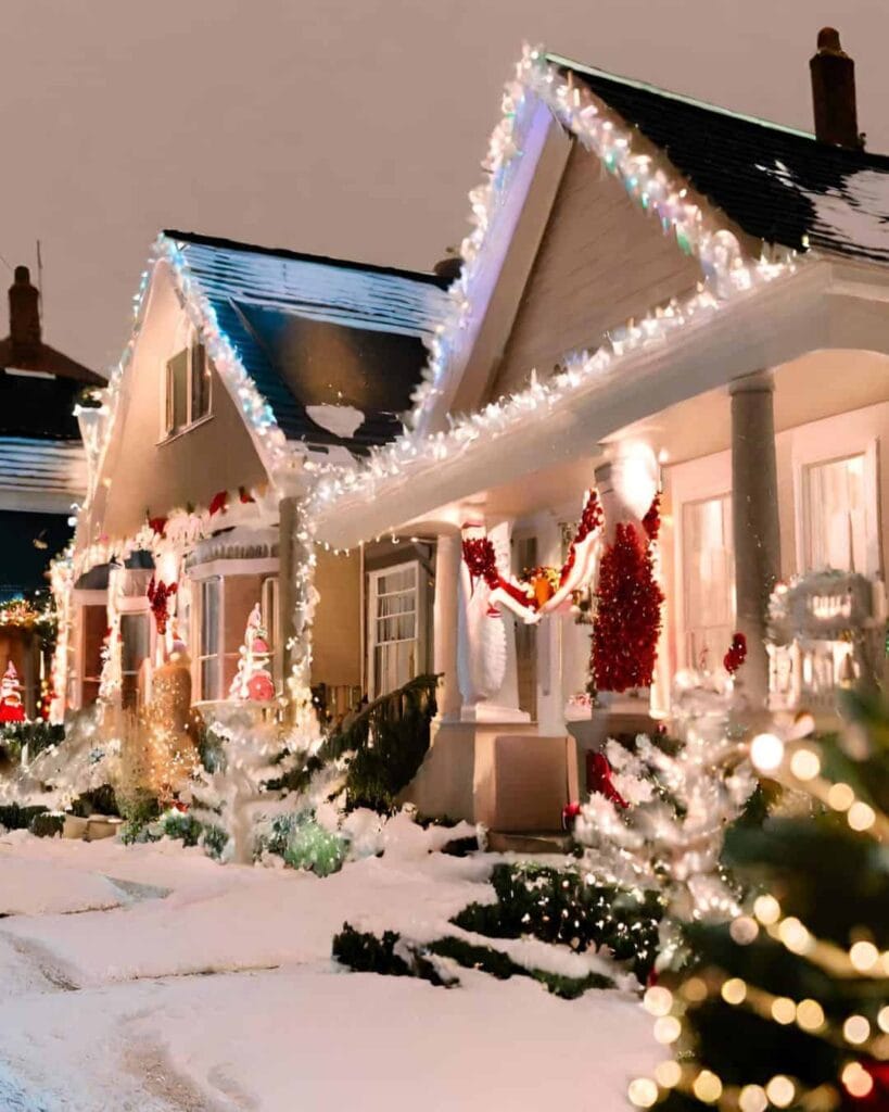 houses decorated with Christmas lights