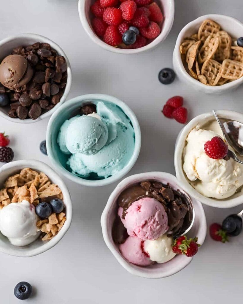 ice cream sundaes with toppings