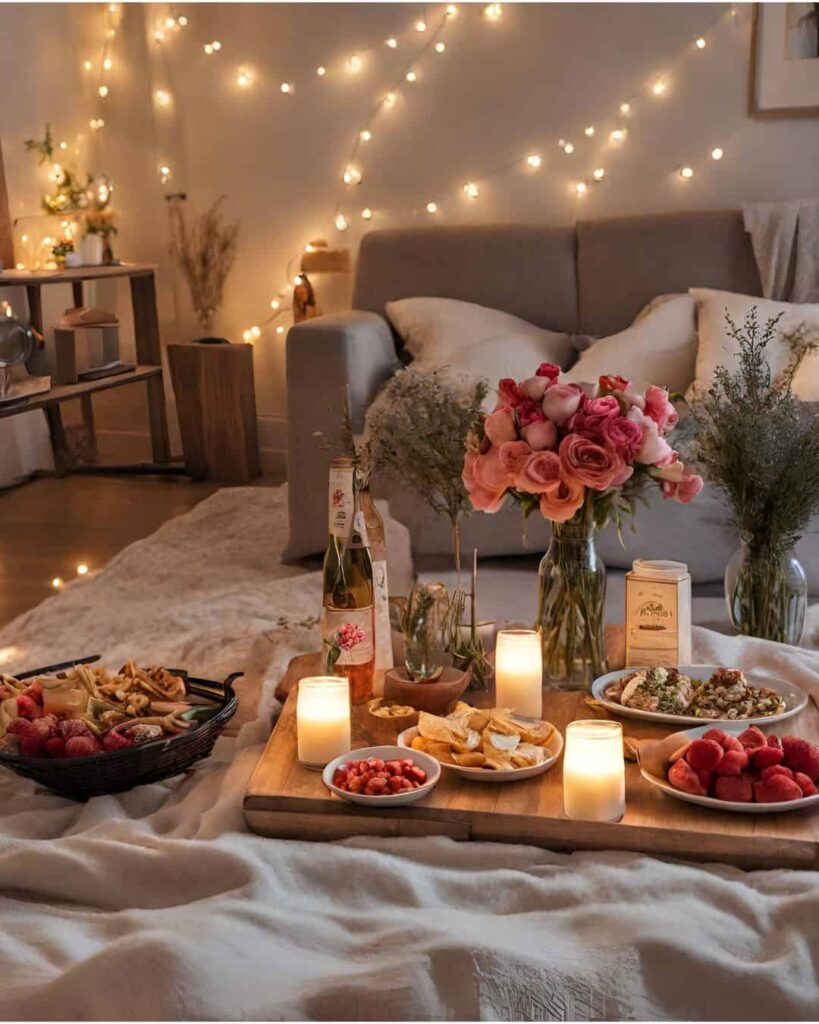 picnic with flowers and twinkly lights in living room