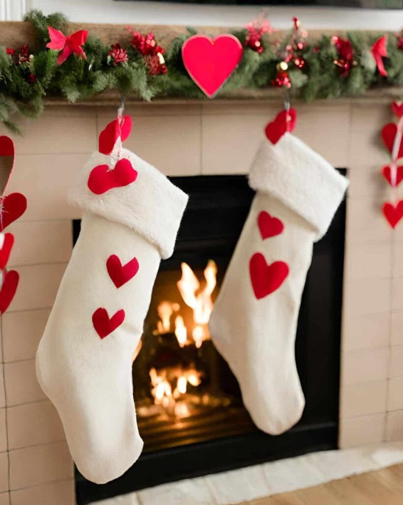 white stockings hanging on the fireplace