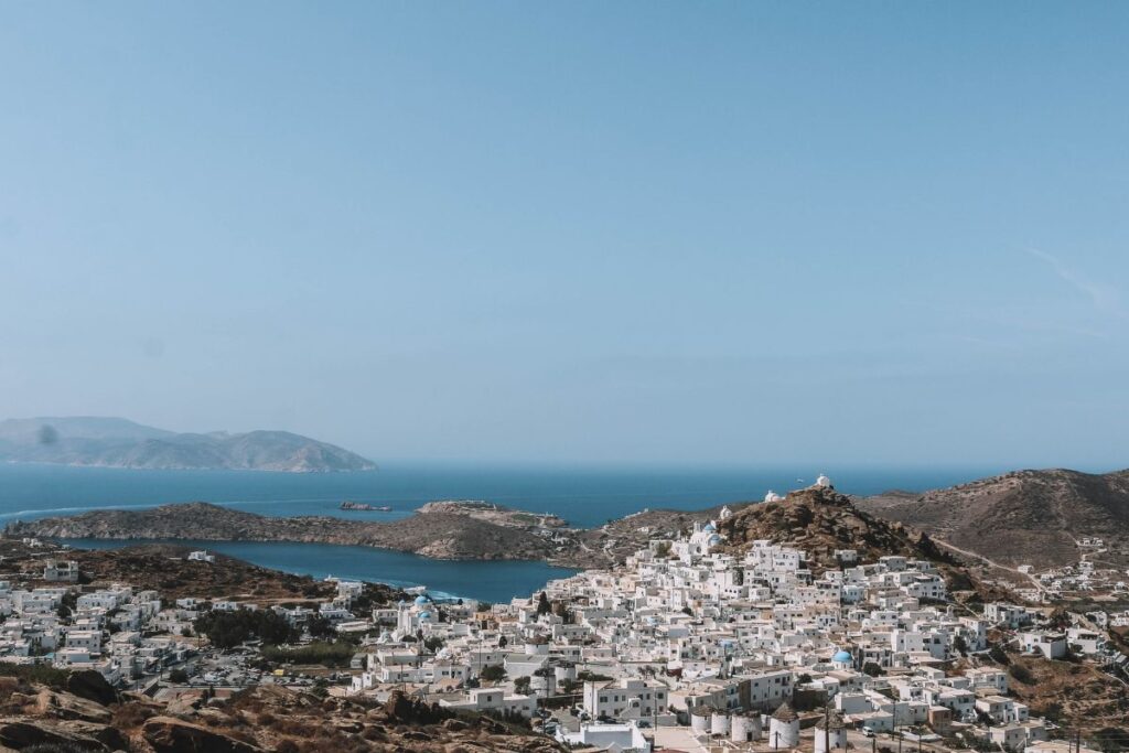 Our photo of Ios Island with blue water and white washed houses