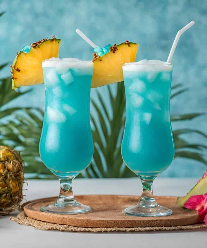 two blue Hawaiian drinks with pineapple