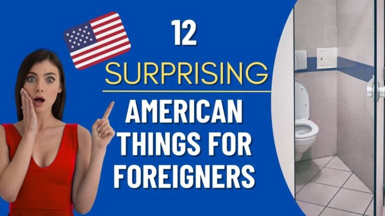 12 surprising american things for foreigners with surprised girl and photo of american toilet stalls