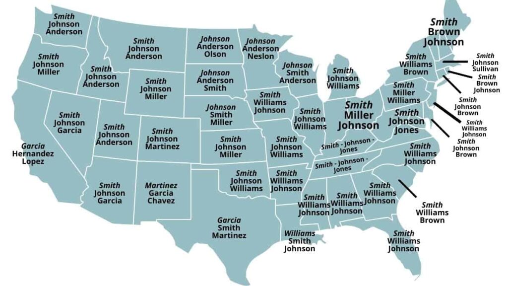 Map of the most common last names in the USA