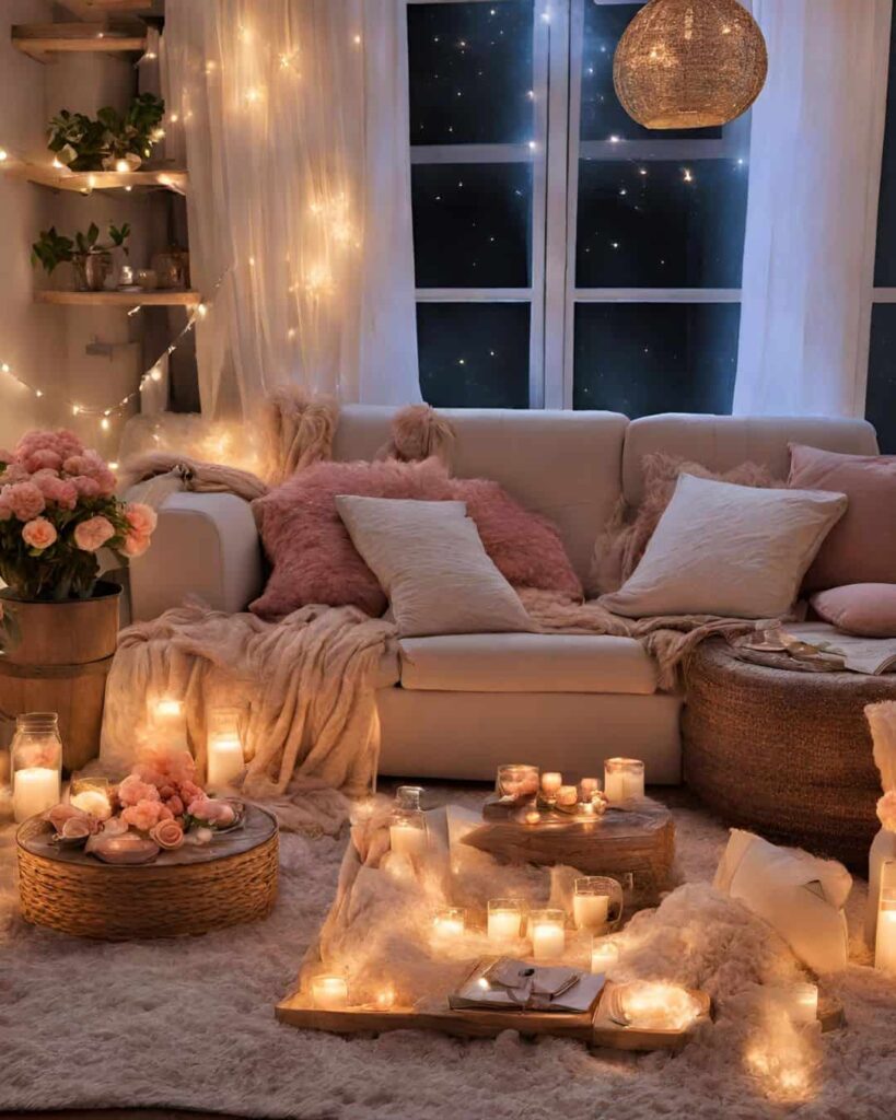 cute romantic picnic in living room