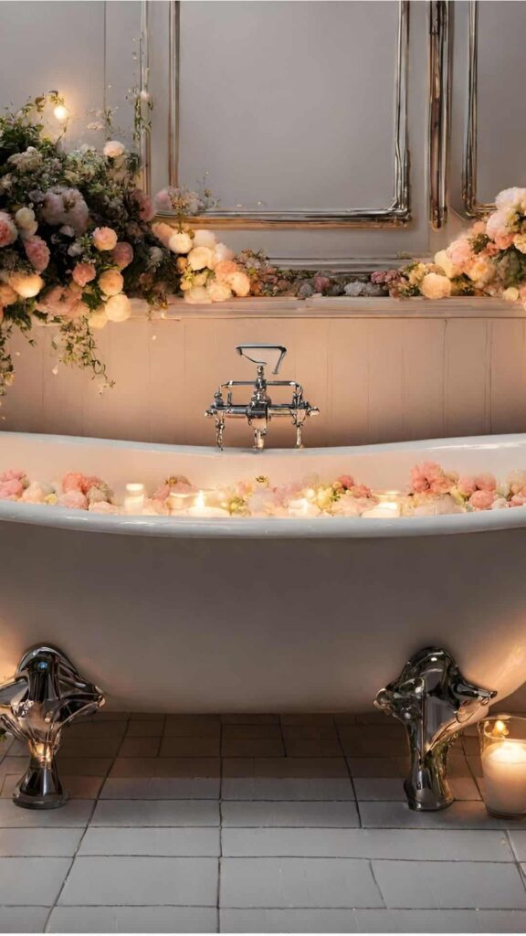 romantic bathtub setting with lots of flowers and candles