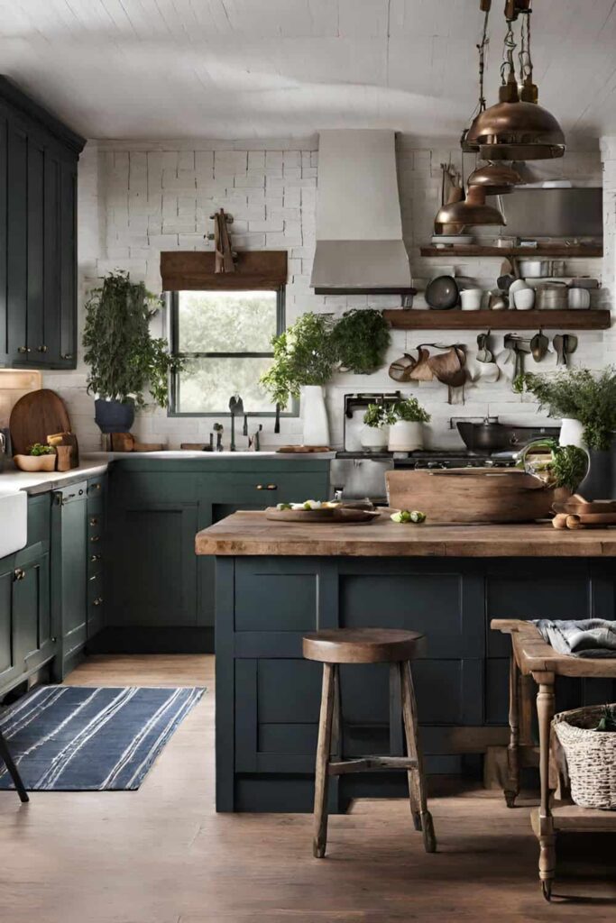 dark green and wood moody farmhouse kitchen