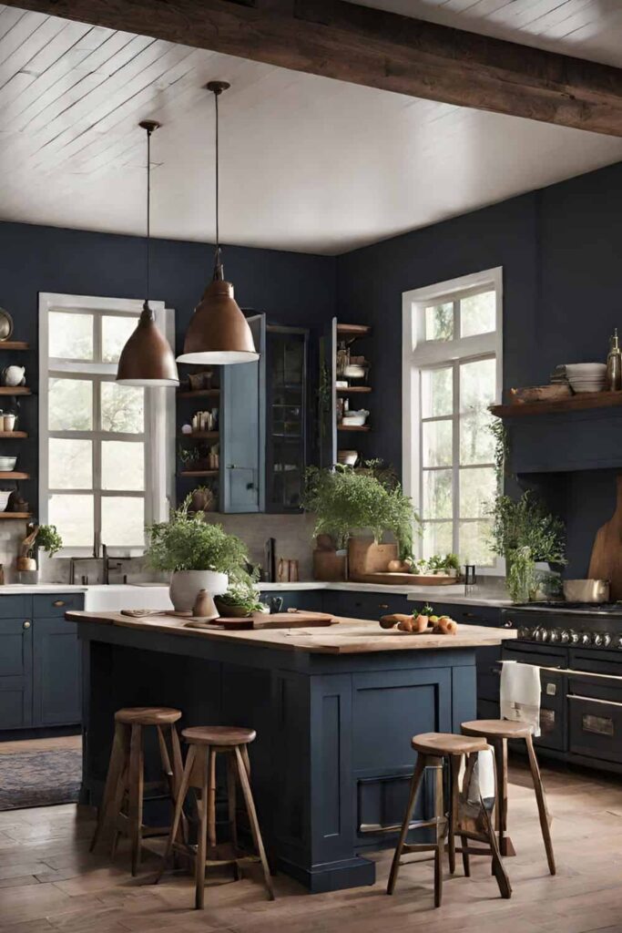 dark blue and wood moody farmhouse kitchen