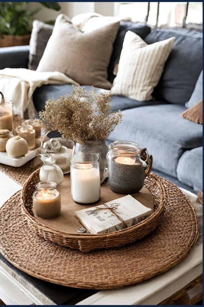 A wicker platter with candles and dry flowers