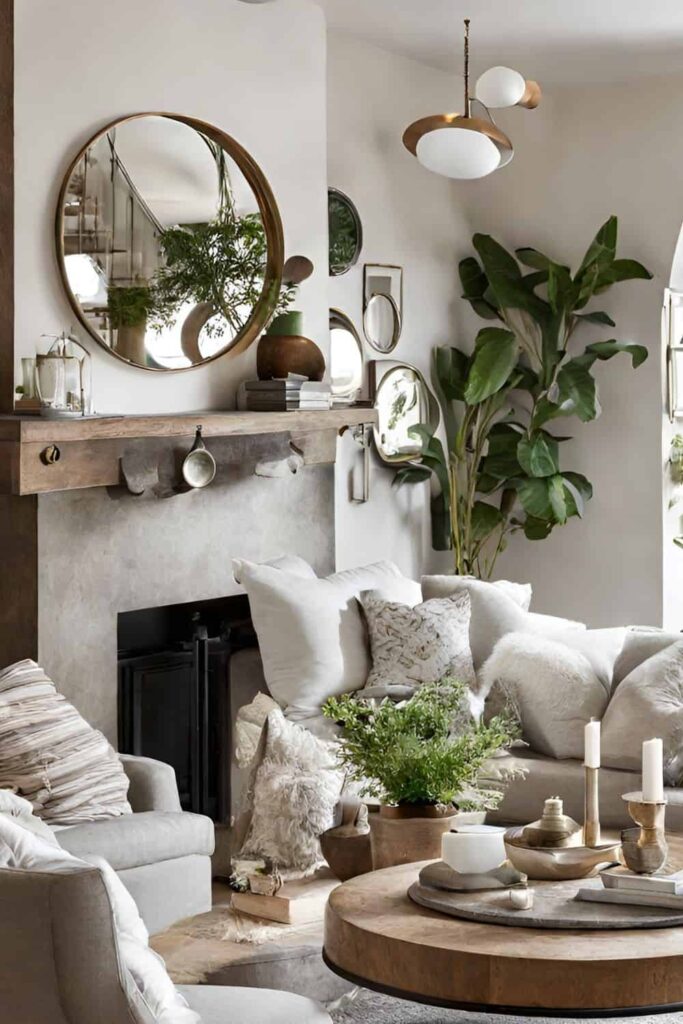 Adding a mirror above the couch or fireplace is a great way to make the room more cozy