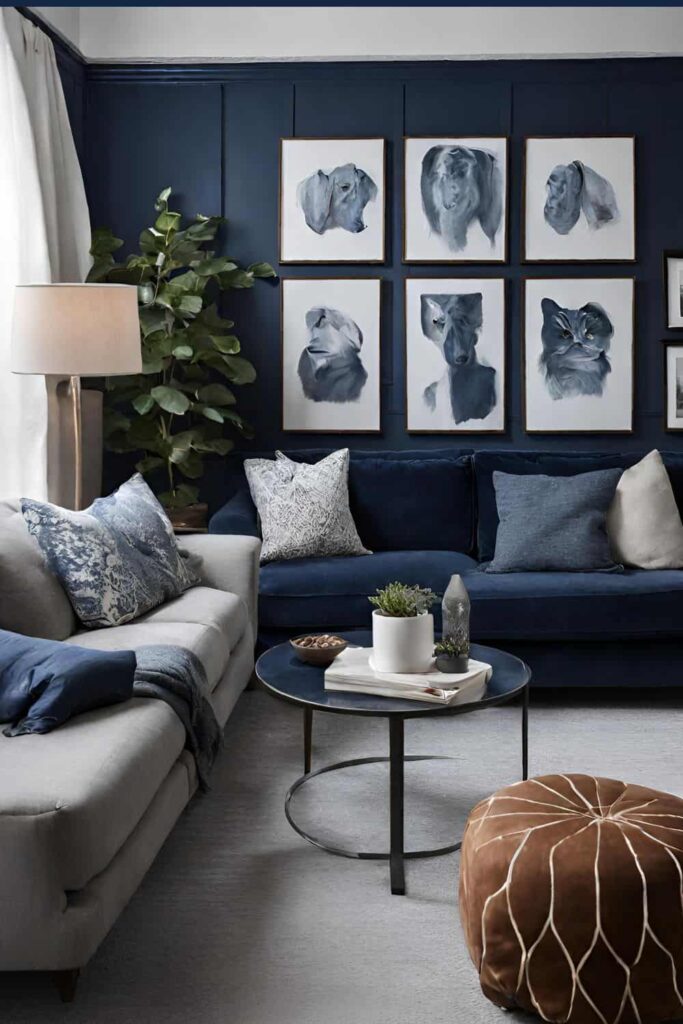 Art frames and dark blue panels behind the couch