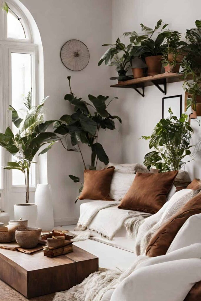 Big and small indoor plants in white and wood styled living room