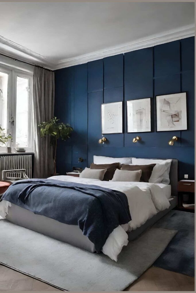 Blue bedroom with panels and art