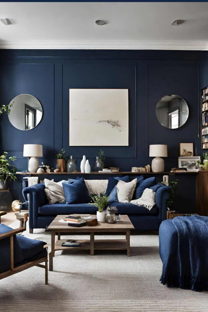 Blue living room with rounded mirrors and panels on the wall