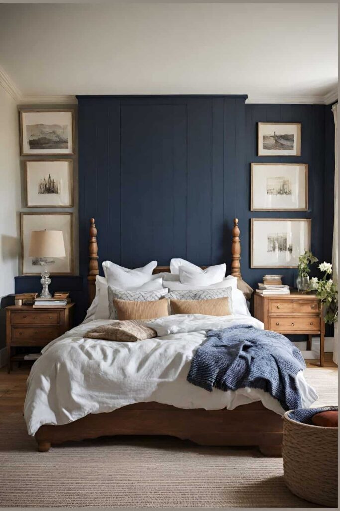 Blue panels behind couple's bed with frames on the sides