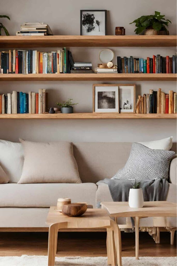 Bookshelves above couch to make room more cozy