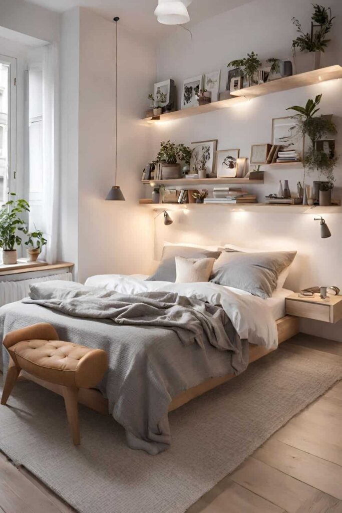 Couple bedroom with shelves above the bed