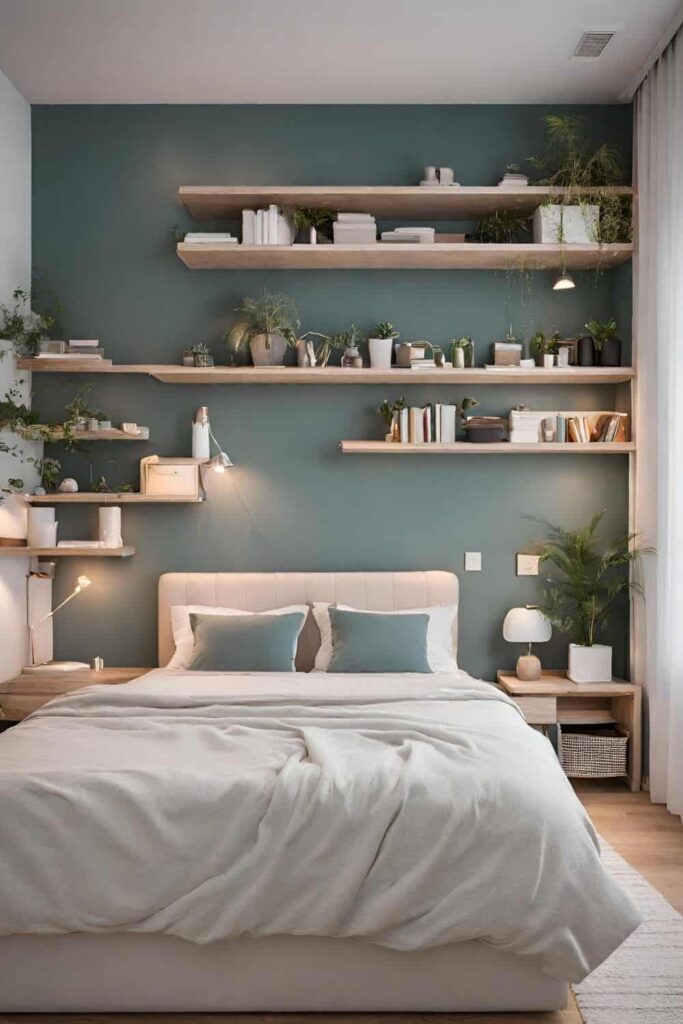 Couple bedroom with shelves, lights and books above the bed