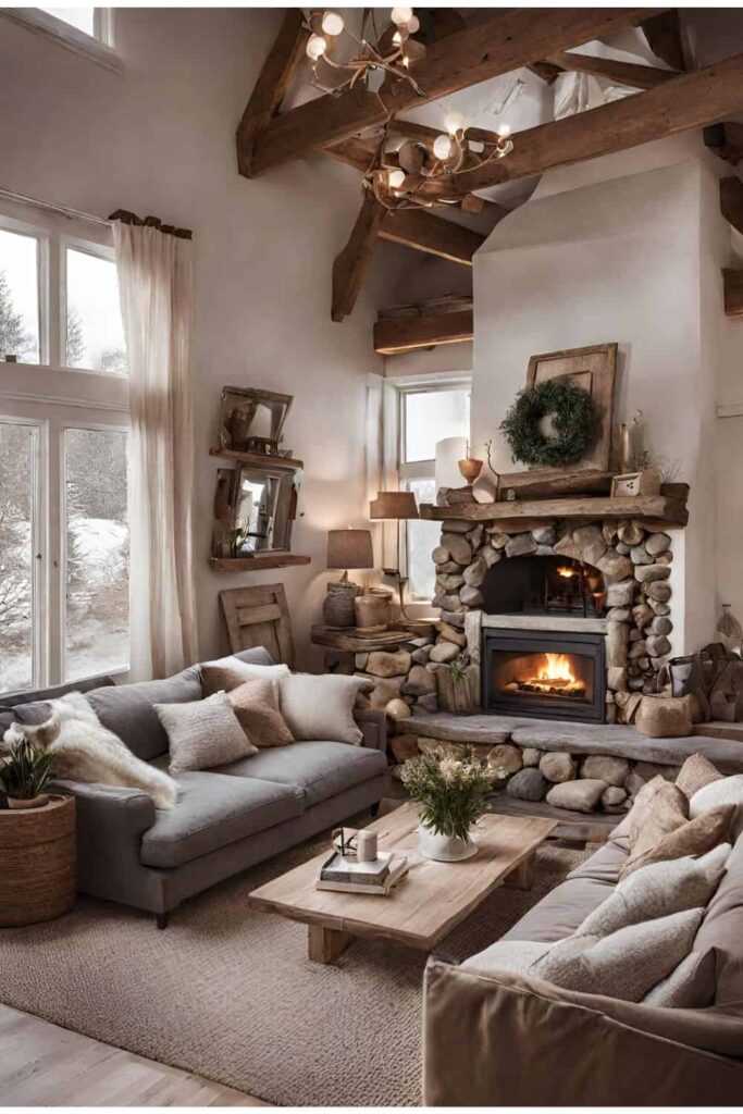 Cozy living room with real fireplace in beige tones