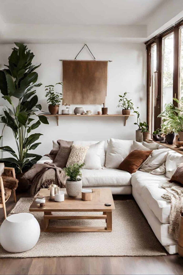 Indoor plants in beige and neutral tone living room
