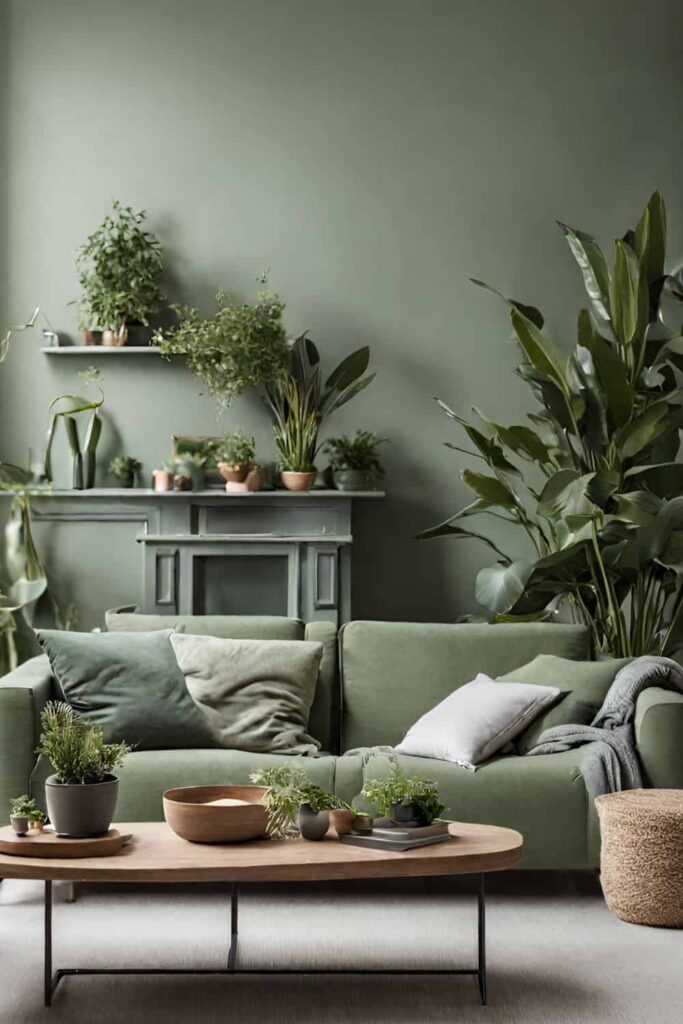 Indoor plants in sage green cozy living room