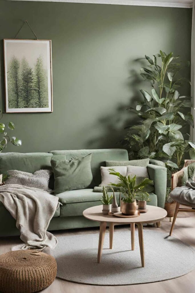 Indoor plants in sage green living room