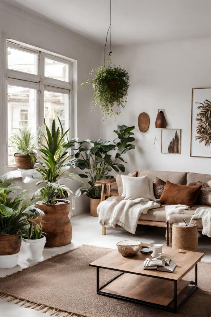 Indoor plants in white and brown styled living room