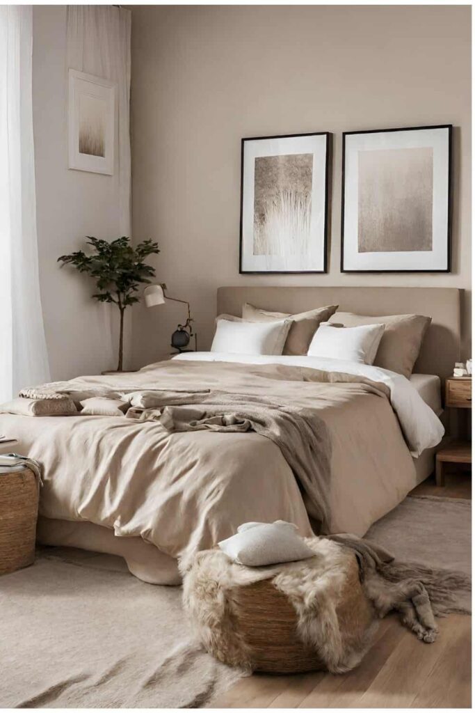 Nude beige bedroom decor for couples