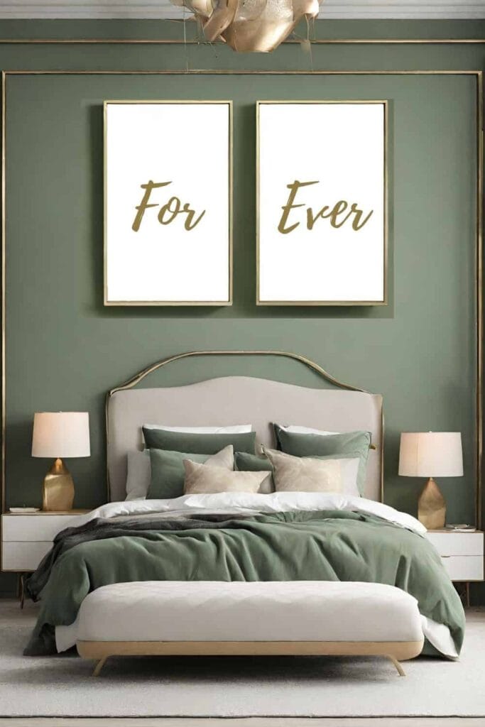 Sage green couple bedroom with for-ever frames