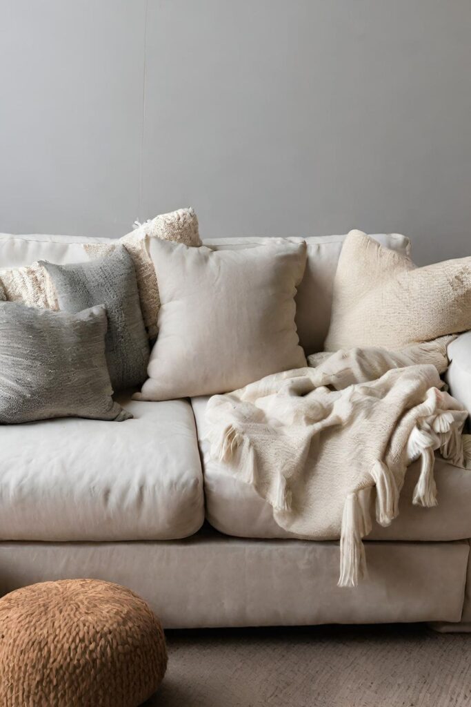 Textured pillows and blanket on cream couch