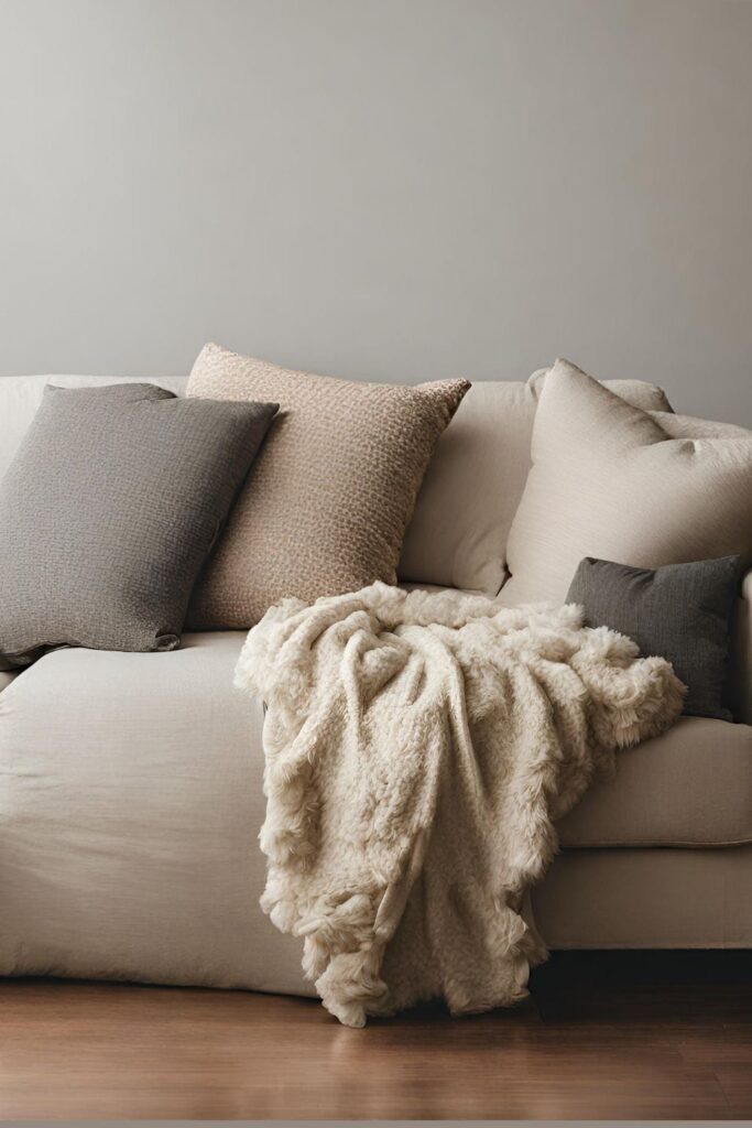 Textured pillows and blankets on beige couch