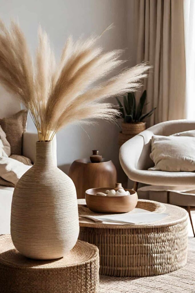 Textured vase of pampa grasses in living room