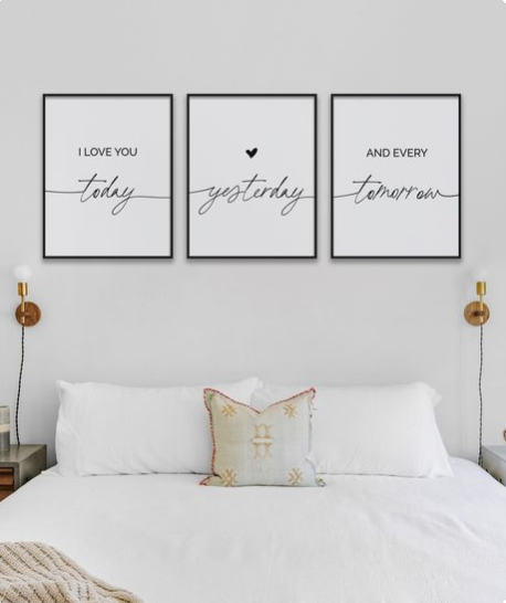 Three frames with a quote for a couple bedroom wall