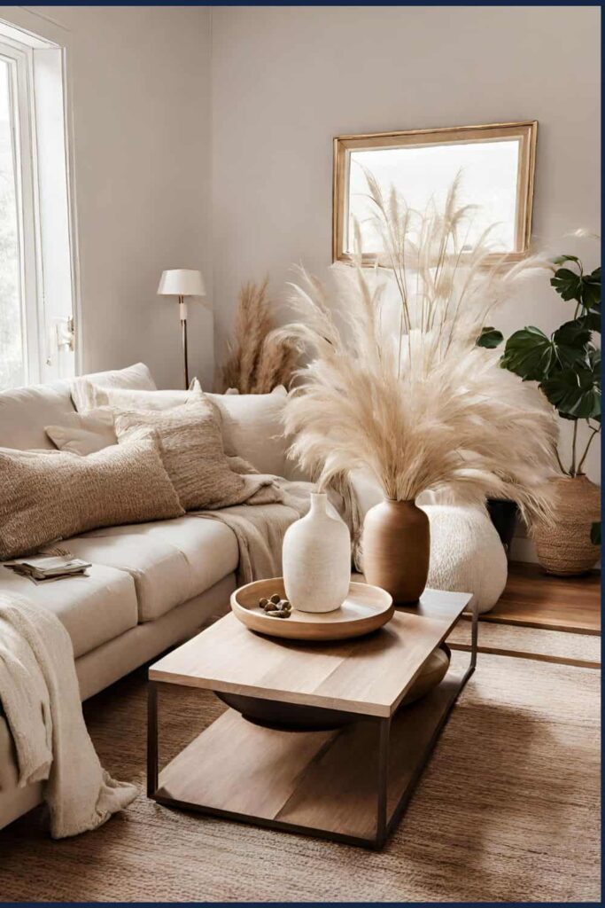 Vase of pampa grasses in cozy beige living room
