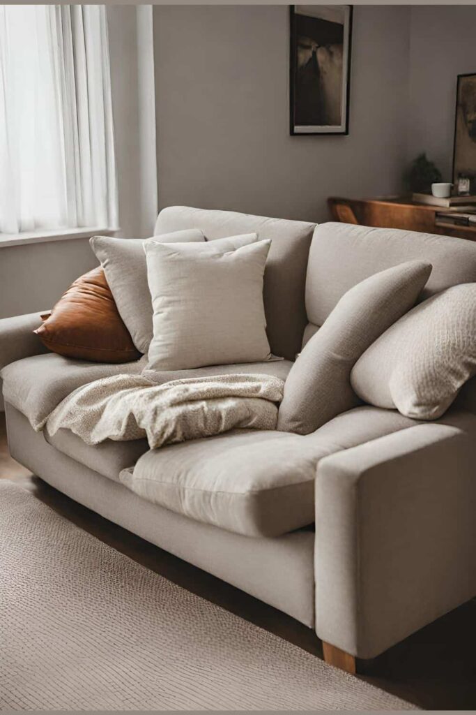 White, grey and brown pillows on nude couch
