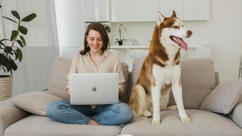 A Woman Using a Laptop while Sitting on a Sofa with her Dog
