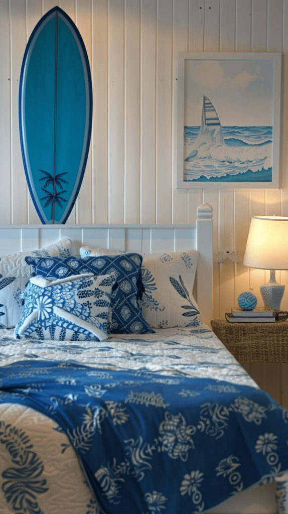 blue and white beachy bedroom inspo