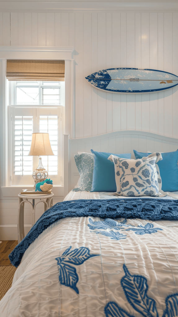 blue and white beachy bedroom inspo