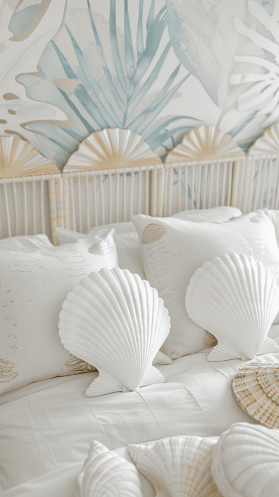 beachy bedroom inspo with seashell decor